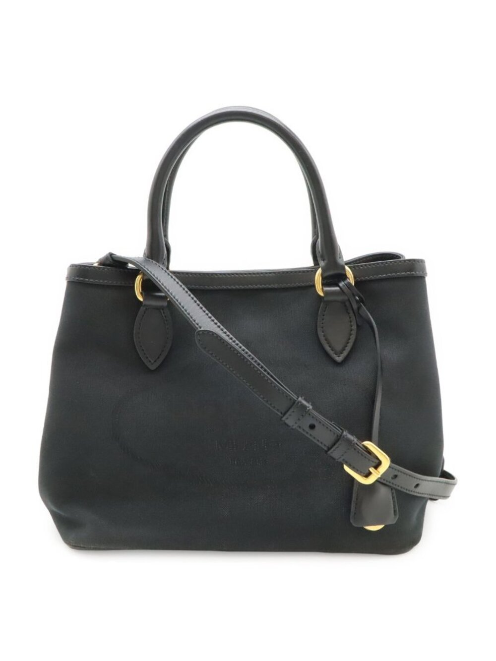 Prada Logo Jacquard Tote 2-Way Shoulder Bag Crossbody Canvas Leather Nero Black